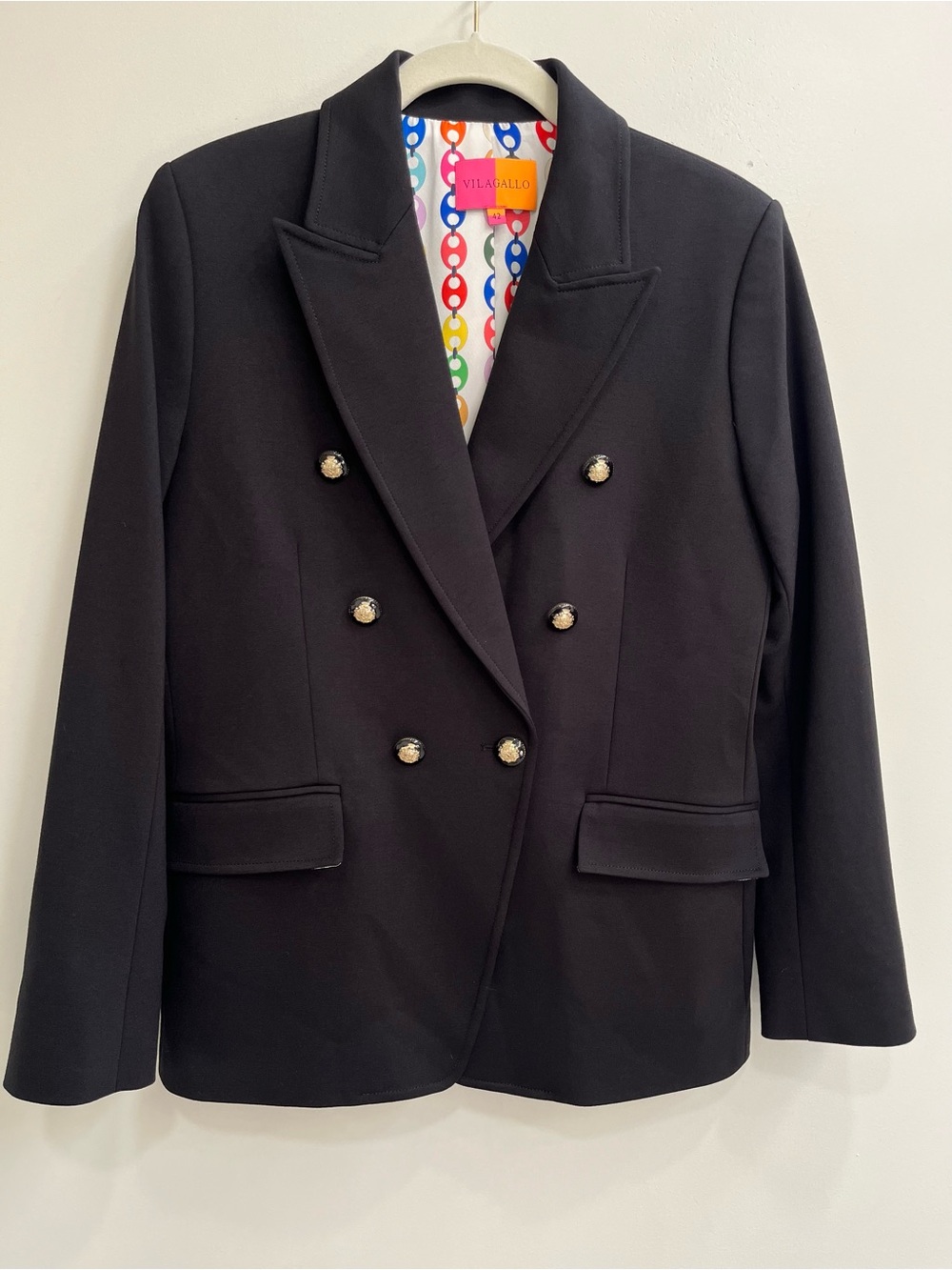 Vilagallo black double breasted blazer decorative gold buttons size 42 US 6